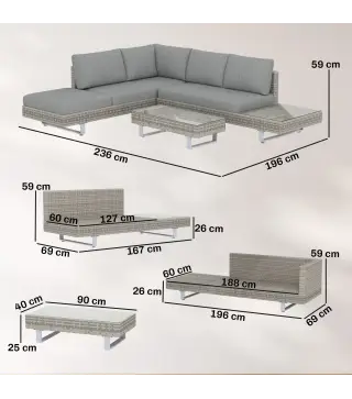 Conjunto de Jardín Exterior de Ratán de 3 Piezas con Sofá Modular de 3 y 2 Plazas Mesa Lateral Mesa de Centro Cojines