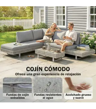 Conjunto de Jardín Exterior de Ratán de 3 Piezas con Sofá Modular de 3 y 2 Plazas Mesa Lateral Mesa de Centro Cojines