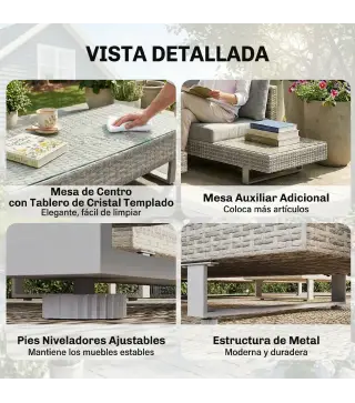 Conjunto de Jardín Exterior de Ratán de 3 Piezas con Sofá Modular de 3 y 2 Plazas Mesa Lateral Mesa de Centro Cojines