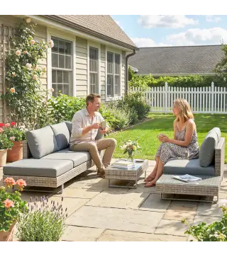 Conjunto de Jardín Exterior de Ratán de 3 Piezas con Sofá Modular de 3 y 2 Plazas Mesa Lateral Mesa de Centro Cojines