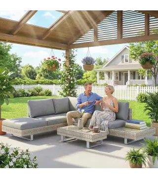 Conjunto de Jardín Exterior de Ratán de 3 Piezas con Sofá Modular de 3 y 2 Plazas Mesa Lateral Mesa de Centro Cojines