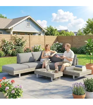 Conjunto de Jardín Exterior de Ratán de 3 Piezas con Sofá Modular de 3 y 2 Plazas Mesa Lateral Mesa de Centro Cojines