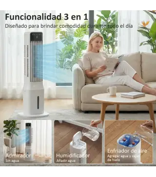 Climatizador Evaporativo de Torre 3 en 1 con Depósito de 9 L Oscilación 48° 3 Velocidades 3 Modos Temporizador Blanco