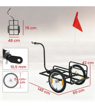 Remolque de Bicicleta para Carga 40 kg Carro de Mano de Acero con Bandera Roja Ruedas de 16 Pulgadas 145x60x42 cm Negro