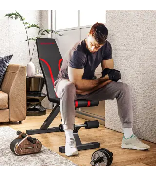 Banco de Musculación Ajustable Plegable con Respaldo y Asiento Regulables Estructura de Acero y Rodillos para Piernas