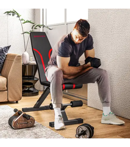 Banco de Musculación Ajustable Plegable con Respaldo y Asiento Regulables Estructura de Acero y Rodillos para Piernas