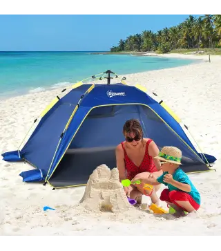Carpa de Playa Pop-up para 1-2 Personas con 2 Accesos y 2 Ventanas y Bolsa de Transporte 220x173x120 cm Azul Oscuro