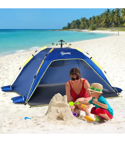 Carpa de Playa Pop-up para 1-2 Personas con 2 Accesos y 2 Ventanas y Bolsa de Transporte 220x173x120 cm Azul Oscuro