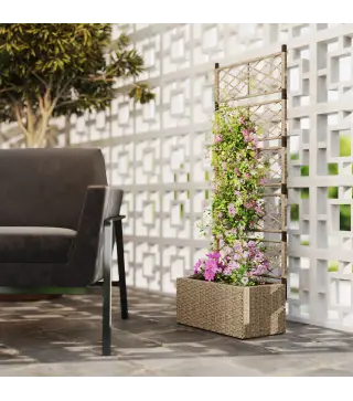 Jardinera Exterior Grande de Ratán con Enrejado y 2 Macetas Extraíbles para Plantas Trepadoras 57x30x150 cm Natural