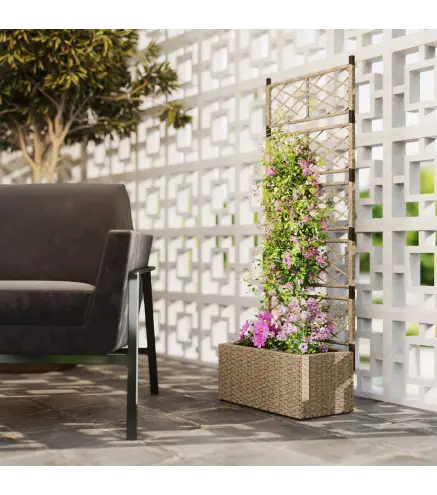 Jardinera Exterior Grande de Ratán con Enrejado y 2 Macetas Extraíbles para Plantas Trepadoras 57x30x150 cm Natural