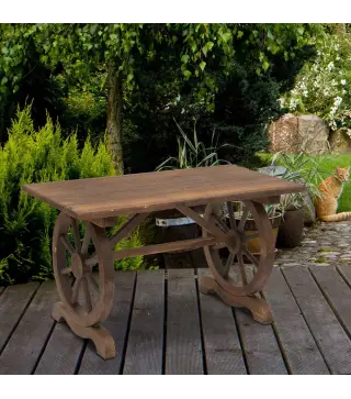 Mesa de Jardín de Madera de Abeto con Patas en Forma de Rueda para Exterior e Interior 110x60x65 cm Acabado Carbonizado