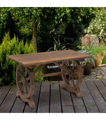 Mesa de Jardín de Madera de Abeto con Patas en Forma de Rueda para Exterior e Interior 110x60x65 cm Acabado Carbonizado