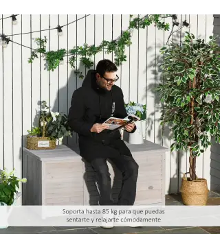 Baúl de Madera Exterior Caja de Almacenamiento de Jardín con Tapa Abrible y Diseño Persiana 127x56x60 cm Madera Gris