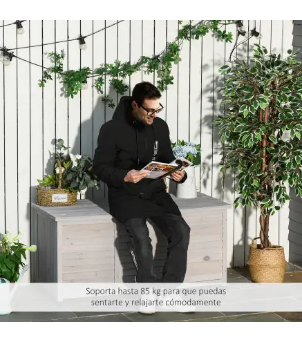 Baúl de Madera Exterior Caja de Almacenamiento de Jardín con Tapa Abrible y Diseño Persiana 127x56x60 cm Madera Gris