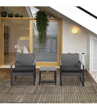 Juego de 2 Sillas y Mesa de Ratán con Cojines Acolchados y Encimera de Vidrio para Balcón Terraza Gris y Negro