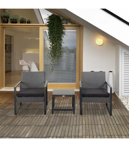 Juego de 2 Sillas y Mesa de Ratán con Cojines Acolchados y Encimera de Vidrio para Balcón Terraza Gris y Negro