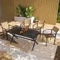 Juego de 4 Sillas de Jardín Exterior Apilables con Tela Transpirable Reposabrazos y Respaldo 58x65x85 cm Marrón Juego de 4 Sillas de Jardín Exterior Apilables con Tela Transpirable Reposabrazos y Respaldo 58x65x85 cm Marrón