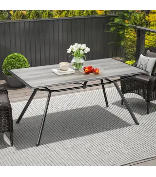 Mesa de Comedor de Exterior con Encimera Imitación Madera para 6 Personas con Estructura de Acero 160x90x73 cm Gris