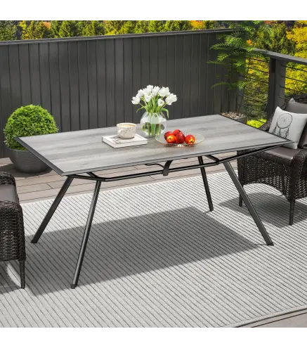Mesa de Comedor de Exterior con Encimera Imitación Madera para 6 Personas con Estructura de Acero 160x90x73 cm Gris