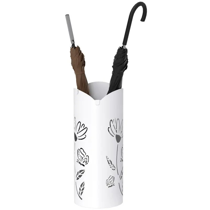 Paragüero de Acero con 4 Ganchos y Bandeja de Goteo Extraíble y Diseño Decorativo 17x17x41 cm Blanco