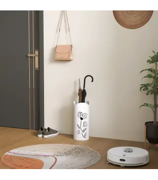 Paragüero de Acero con 4 Ganchos y Bandeja de Goteo Extraíble y Diseño Decorativo 17x17x41 cm Blanco