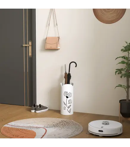 Paragüero de Acero con 4 Ganchos y Bandeja de Goteo Extraíble y Diseño Decorativo 17x17x41 cm Blanco