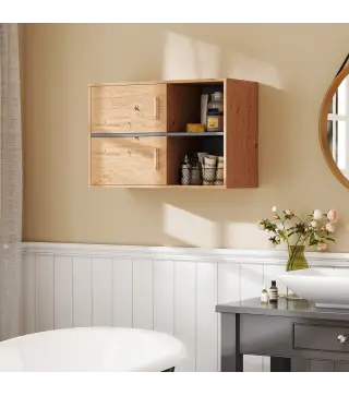 Armario de Baño de Pared con Compartimentos Abiertos y 2 Puertas Mueble de Baño Moderno 80x35x57,5 cm Natural