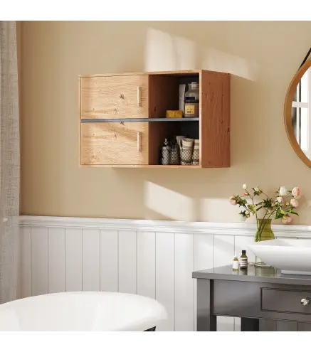 Armario de Baño de Pared con Compartimentos Abiertos y 2 Puertas Mueble de Baño Moderno 80x35x57,5 cm Natural