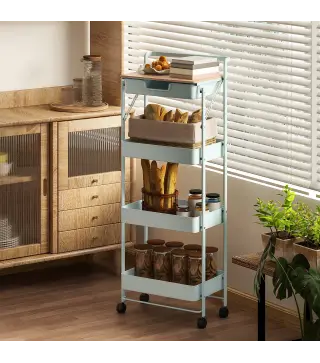 Carrito Auxiliar con Ruedas de 4 Niveles con Cajón Encimera y Cestas de Rejilla para Dormitorio Baño Cocina Verde Claro