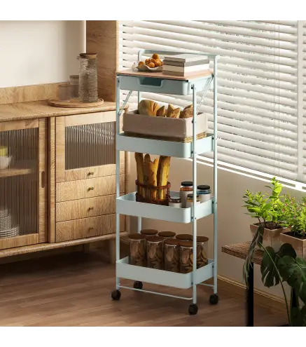 Carrito Auxiliar con Ruedas de 4 Niveles con Cajón Encimera y Cestas de Rejilla para Dormitorio Baño Cocina Verde Claro