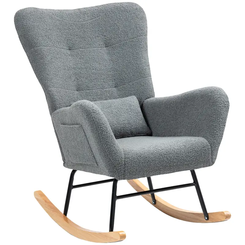 Mecedora de Borreguito con Respaldo Acolchado Almohada y Base de Madera de Caucho Carga 120 kg Gris