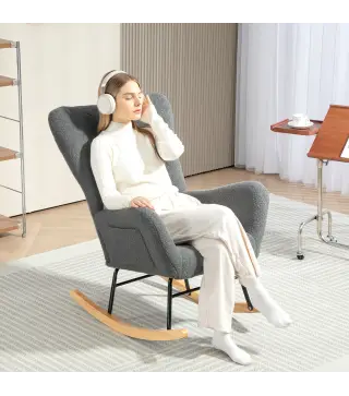 Mecedora de Borreguito con Respaldo Acolchado Almohada y Base de Madera de Caucho Carga 120 kg Gris