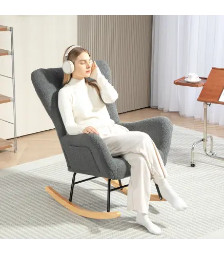 Mecedora de Borreguito con Respaldo Acolchado Almohada y Base de Madera de Caucho Carga 120 kg Gris