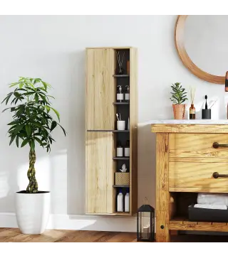 Columna de Baño de Pared Armario de Baño con Compartimentos Abiertos y 2 Puertas 40x24x141,5 cm Natural