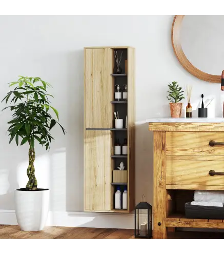 Columna de Baño de Pared Armario de Baño con Compartimentos Abiertos y 2 Puertas 40x24x141,5 cm Natural