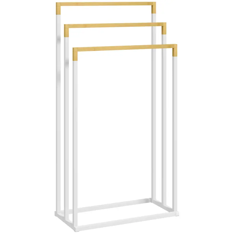 Toallero de Pie Escalonado con 3 Barras de Bambú y Marco de Acero para Baño Lavadero 45x22,5x86 cm Blanco y Natural