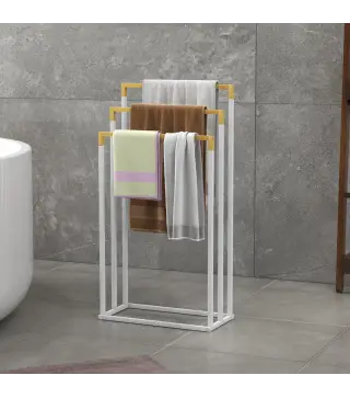 Toallero de Pie Escalonado con 3 Barras de Bambú y Marco de Acero para Baño Lavadero 45x22,5x86 cm Blanco y Natural