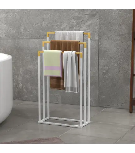 Toallero de Pie Escalonado con 3 Barras de Bambú y Marco de Acero para Baño Lavadero 45x22,5x86 cm Blanco y Natural