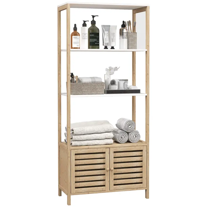 Estantería de Baño de Bambú con 3 Estantes Abiertos Puertas de Lamas 63x30x138 cm Natural y Blanco