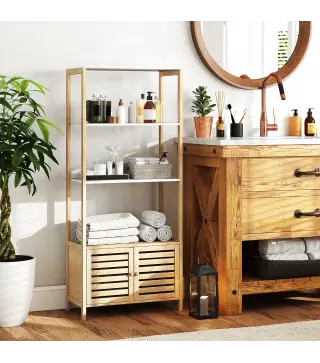 Estantería de Baño de Bambú con 3 Estantes Abiertos Puertas de Lamas 63x30x138 cm Natural y Blanco