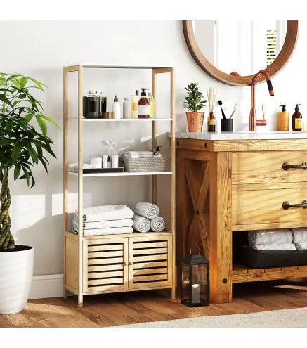 Estantería de Baño de Bambú con 3 Estantes Abiertos Puertas de Lamas 63x30x138 cm Natural y Blanco