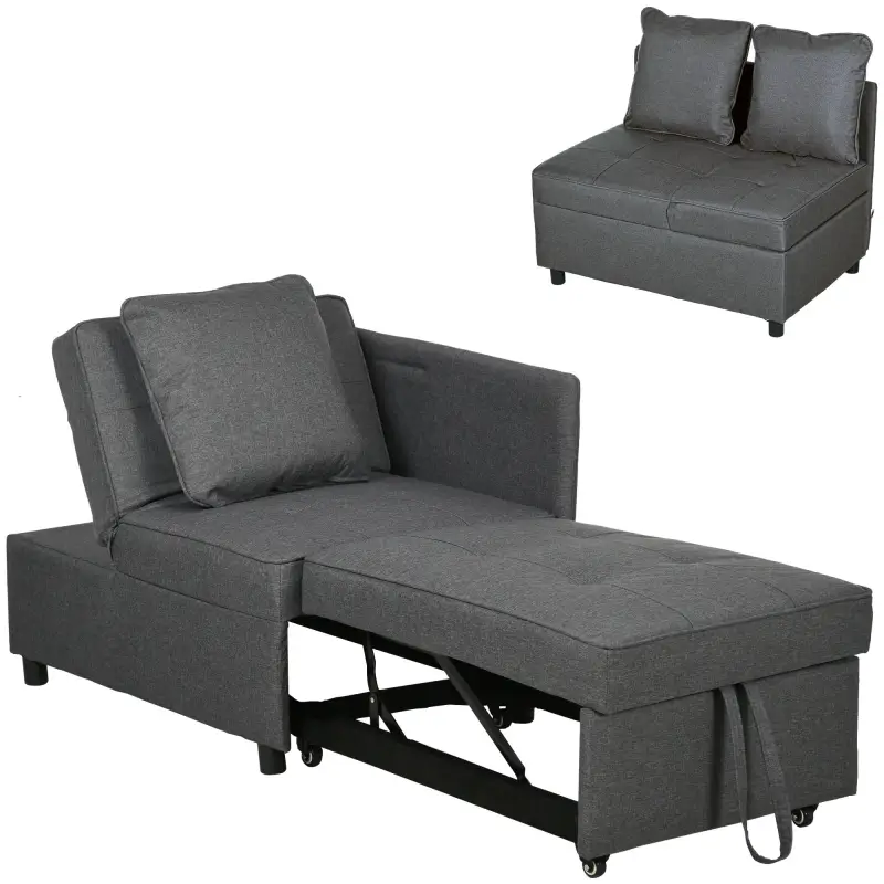 Sofá Cama de 1 Plaza con Respaldo Ajustable Sillón Cama Individual con Almohadas para Dormitorio Apartamento Gris