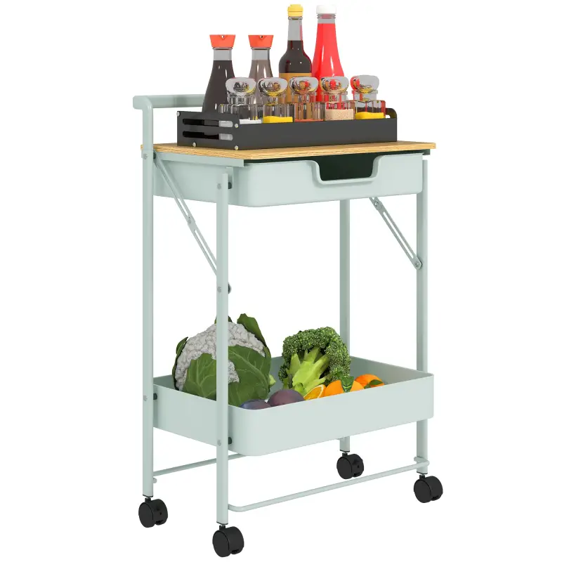 Carrito Auxiliar con Ruedas de 2 Niveles con Cajón Encimera y Cesta de Rejilla para Dormitorio Baño Cocina Verde Claro