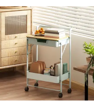 Carrito Auxiliar con Ruedas de 2 Niveles con Cajón Encimera y Cesta de Rejilla para Dormitorio Baño Cocina Verde Claro
