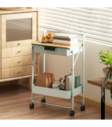 Carrito Auxiliar con Ruedas de 2 Niveles con Cajón Encimera y Cesta de Rejilla para Dormitorio Baño Cocina Verde Claro