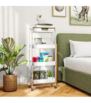 Carrito Auxiliar con Ruedas de 4 Niveles con Cajón Encimera y Cestas de Rejilla para Dormitorio Baño Cocina Blanco