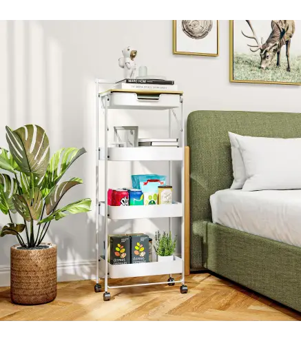Carrito Auxiliar con Ruedas de 4 Niveles con Cajon Encimera y Cestas de Rejilla para Dormitorio Bano Cocina Blanco
