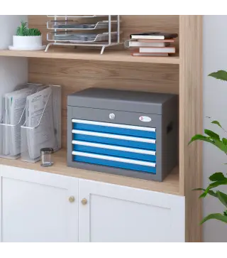 Caja de Herramientas Metálica con Cerradura 4 Cajones y Bandeja Superior Asa Lateral 20Kg Capacidad 45x24,5x32,5 cm Gris