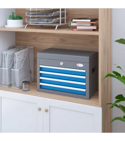 Caja de Herramientas Metálica con Cerradura 4 Cajones y Bandeja Superior Asa Lateral 20Kg Capacidad 45x24,5x32,5 cm Gris