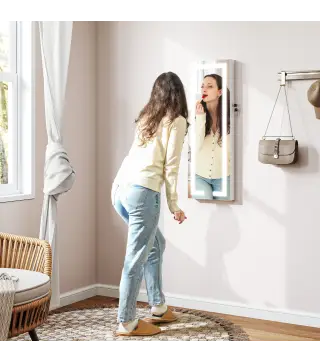 Espejo Joyero de Pared con Luces LED y Cerradura Armario de Joyas para Colgar en la Pared o en la Puerta Blanco